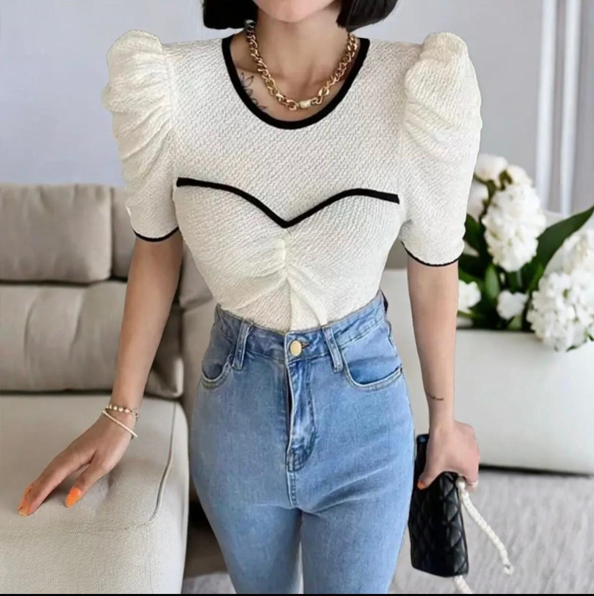 New Slim Slimming Round Neck Pleated Short-Puff Sleeve Top For Women  | Fashion | Tops For Women