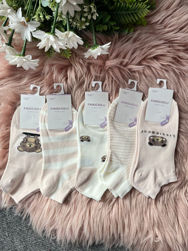 5 pairs Combo Cute Bear Print Ankle Socks For Women